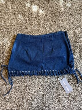 Missguided Navy Blue Denim Mini Skirt with Lace-Up Hem